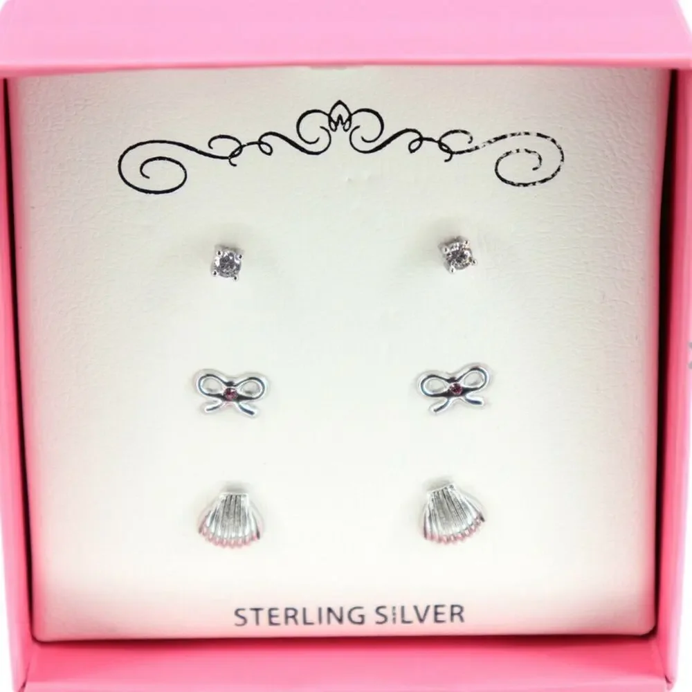 Sterling Silver Bow Earrings Set 3 Rhinestone Studs Bows Seashells Girls New Box
